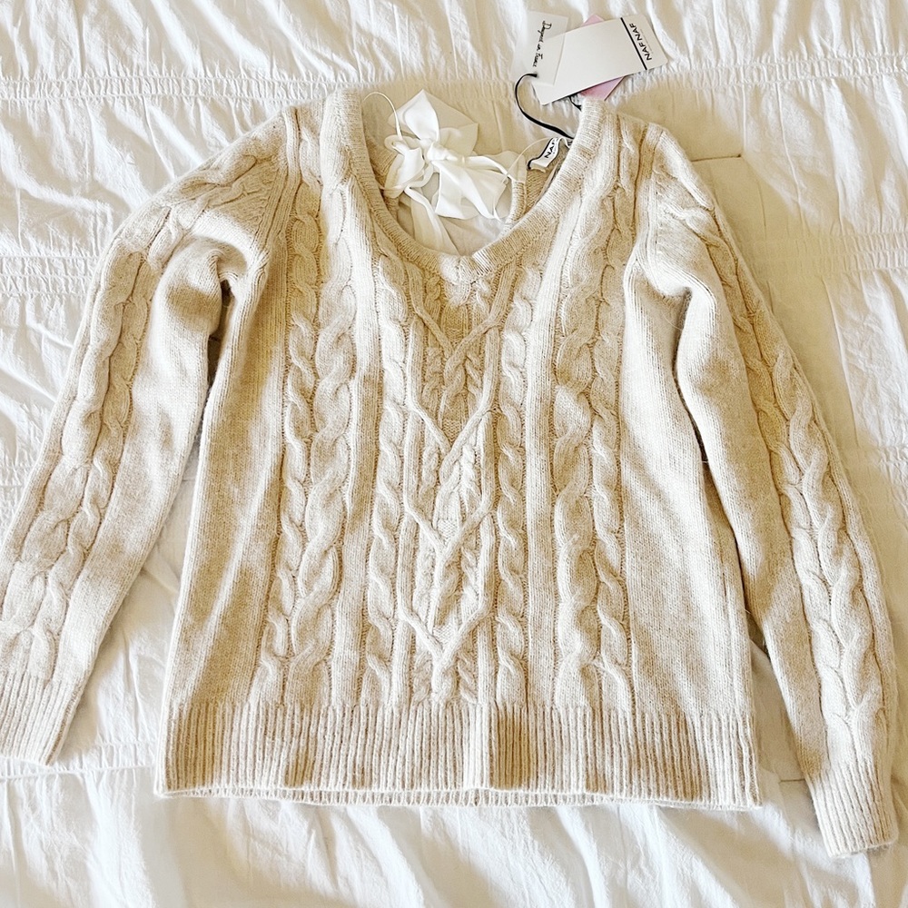 NWT NAF NAF Beige Cable Knit Bow Back Sweater Size Small